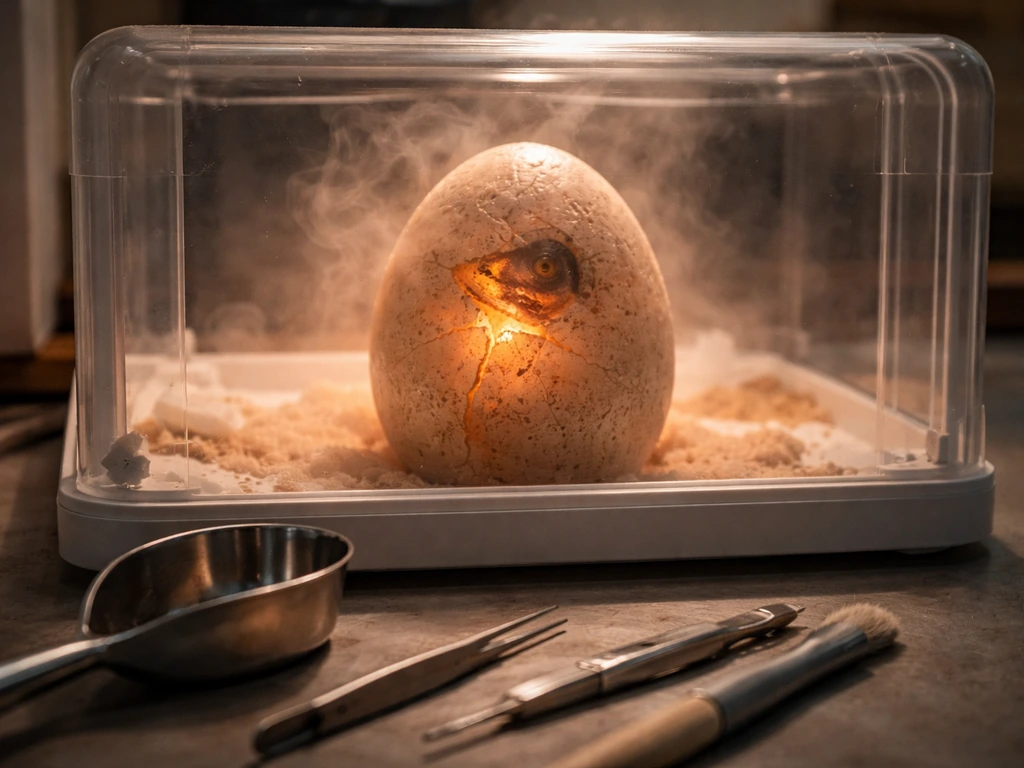 Glowing dinosaur egg in a simple incubator, warm light and steam suggesting a huge-pet hatch outcome.