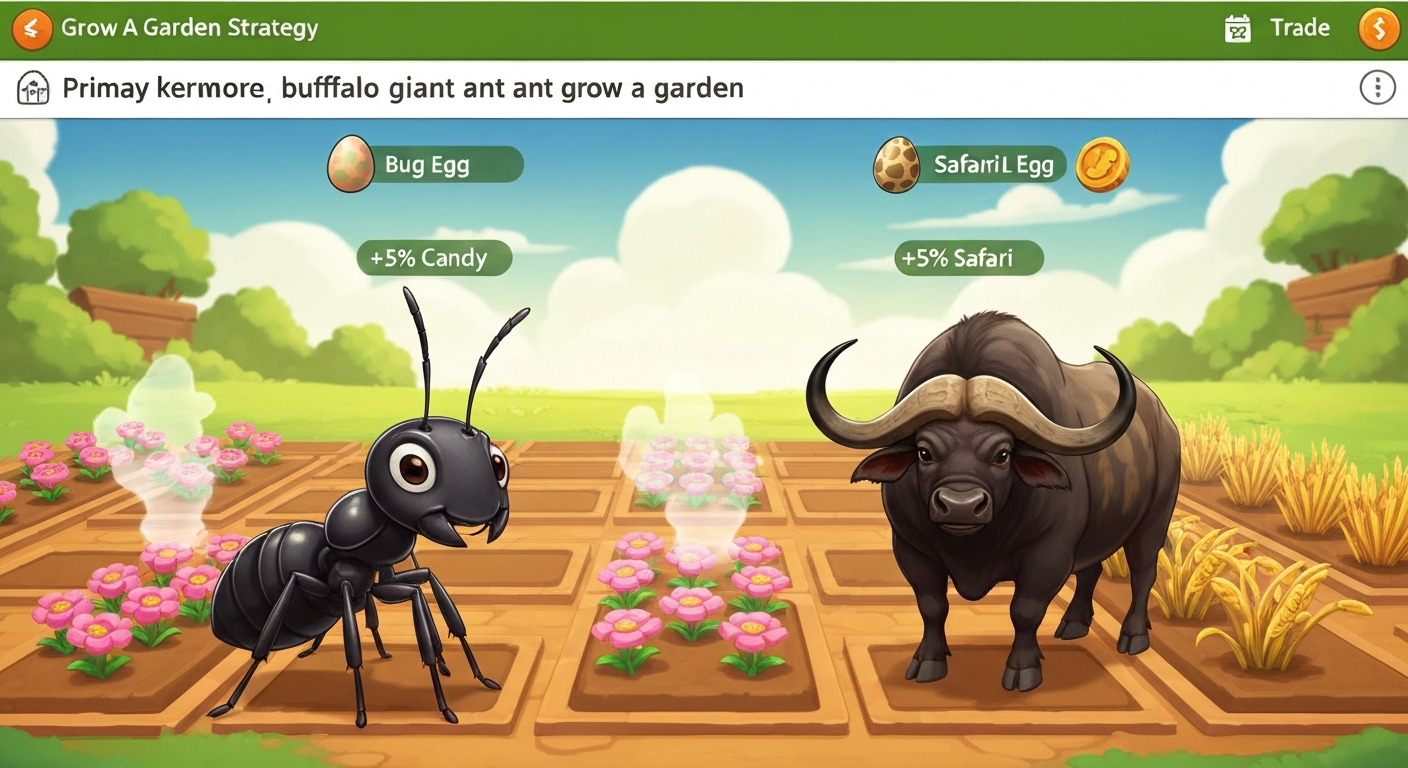Cartoony farm scene with Giant Ant and Cape Buffalo, showing duplicated crop ghosts and percent/specialty badges.
