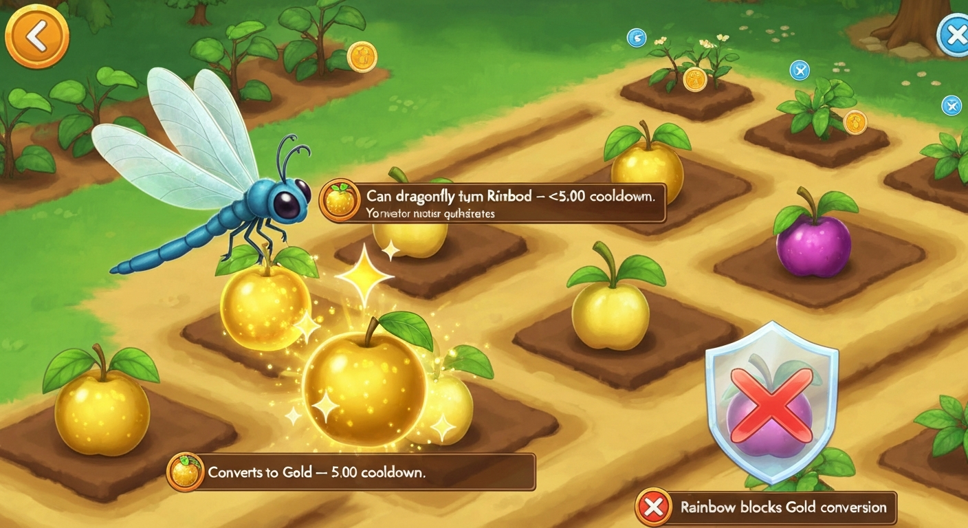 Illustration of a Dragonfly pet converting a crop to gold while a rainbow crop shows a blocked icon, with garden rows and a cooldown tooltip.