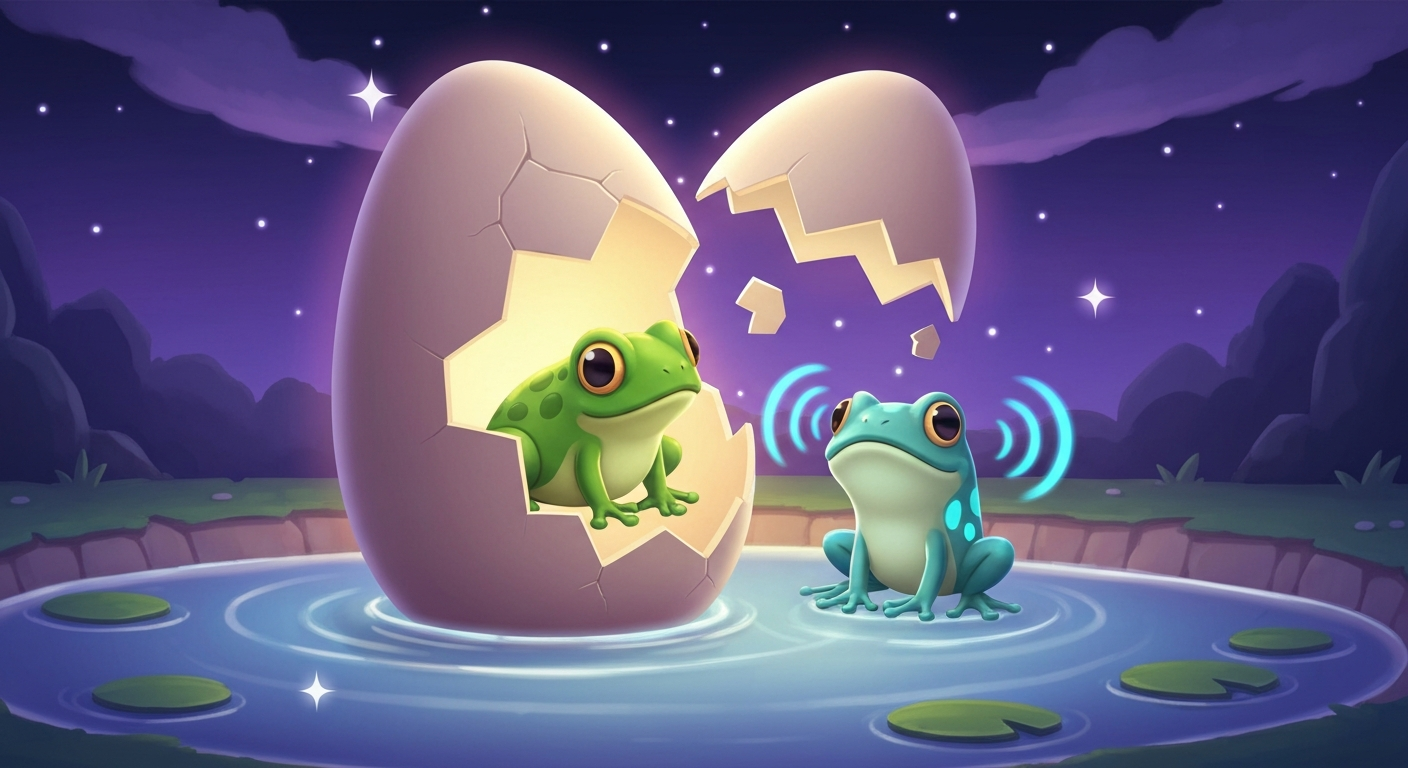 Night Egg cracking open under a purple lunar sky with a green Frog and a glowing Echo Frog emerging from the shell.