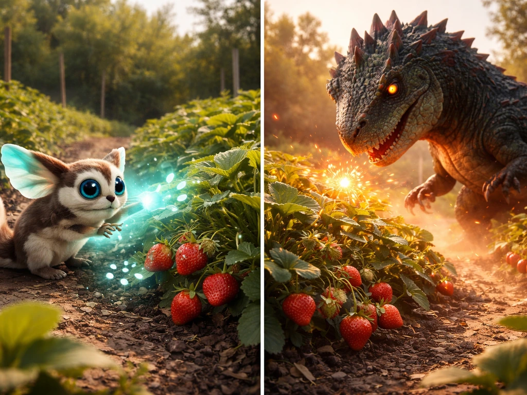 Side-by-side garden showing a small sugar glider copying mutation on fruit plants and a T-Rex spreading one.