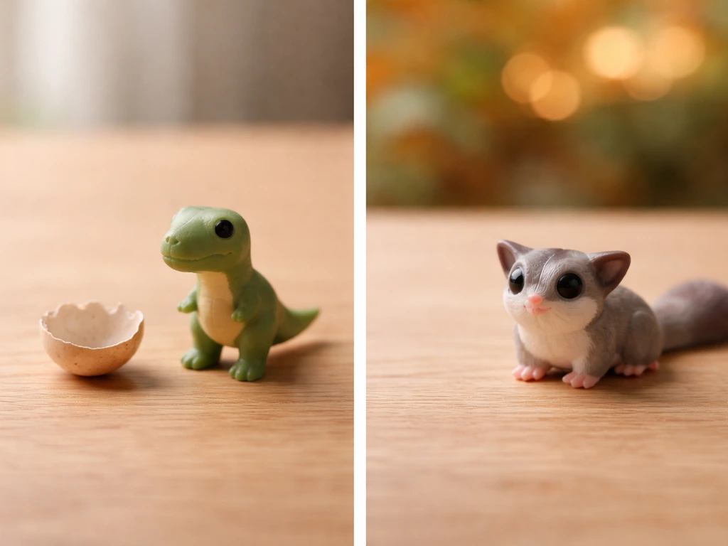 Minimal two-panel decision scene with game-like items: a T-Rex silhouette and a sugar glider near a glowing market sign