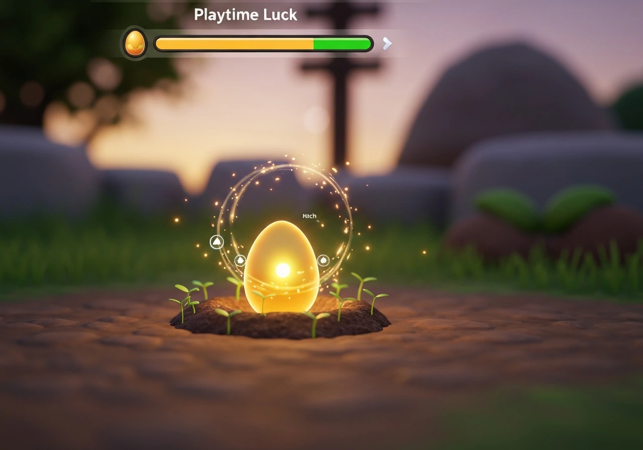 Glowing egg about to hatch in a garden game, with a visible Playtime Luck UI indicator.