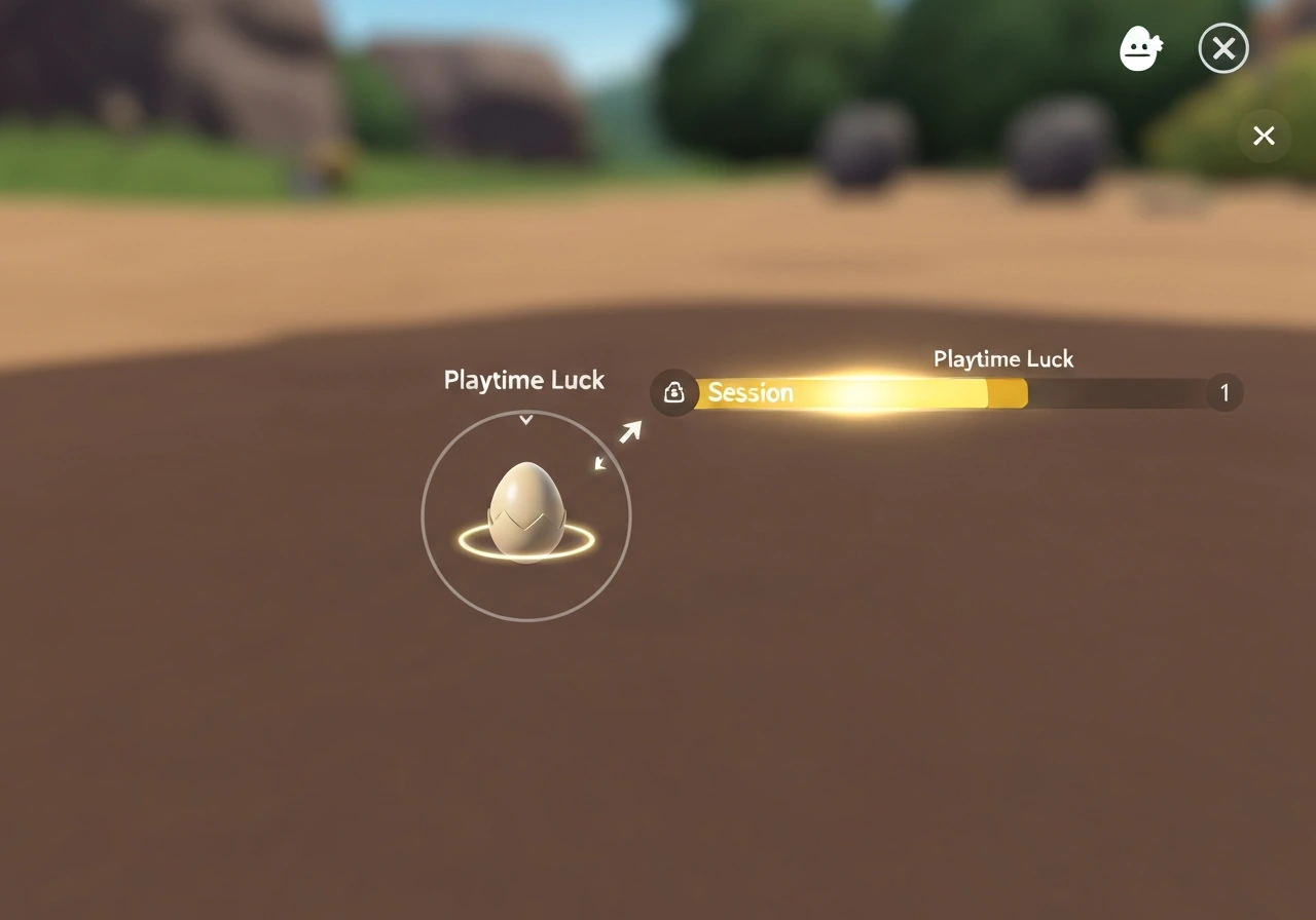 Minimal game-style scene with a muted egg-hatching queue and a playtime luck timer effect, no text
