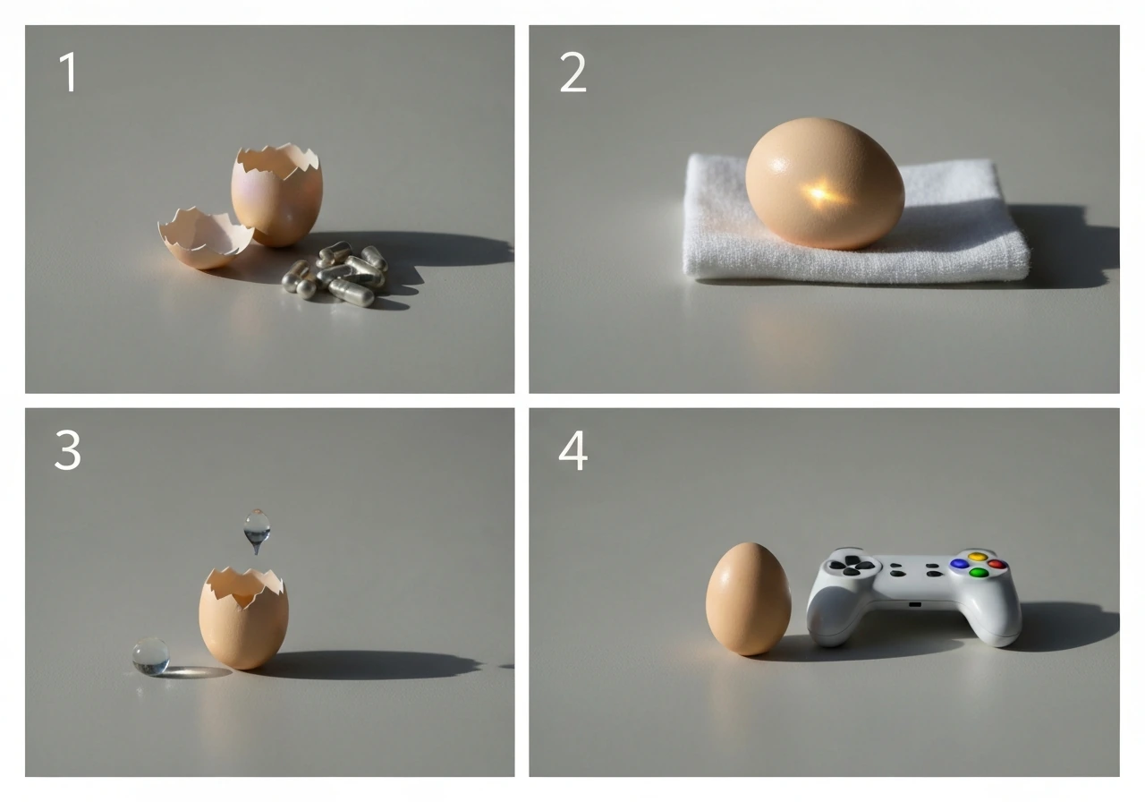 Four egg-themed panels on a light tabletop showing rarity, hatch, mutation, and a stat/counter hint.