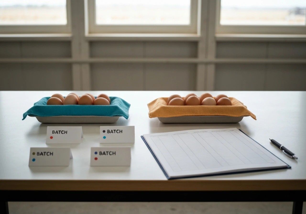 Close-up of labeled testing setup: spreadsheet-style log beside stacks of eggs for different hatch conditions.