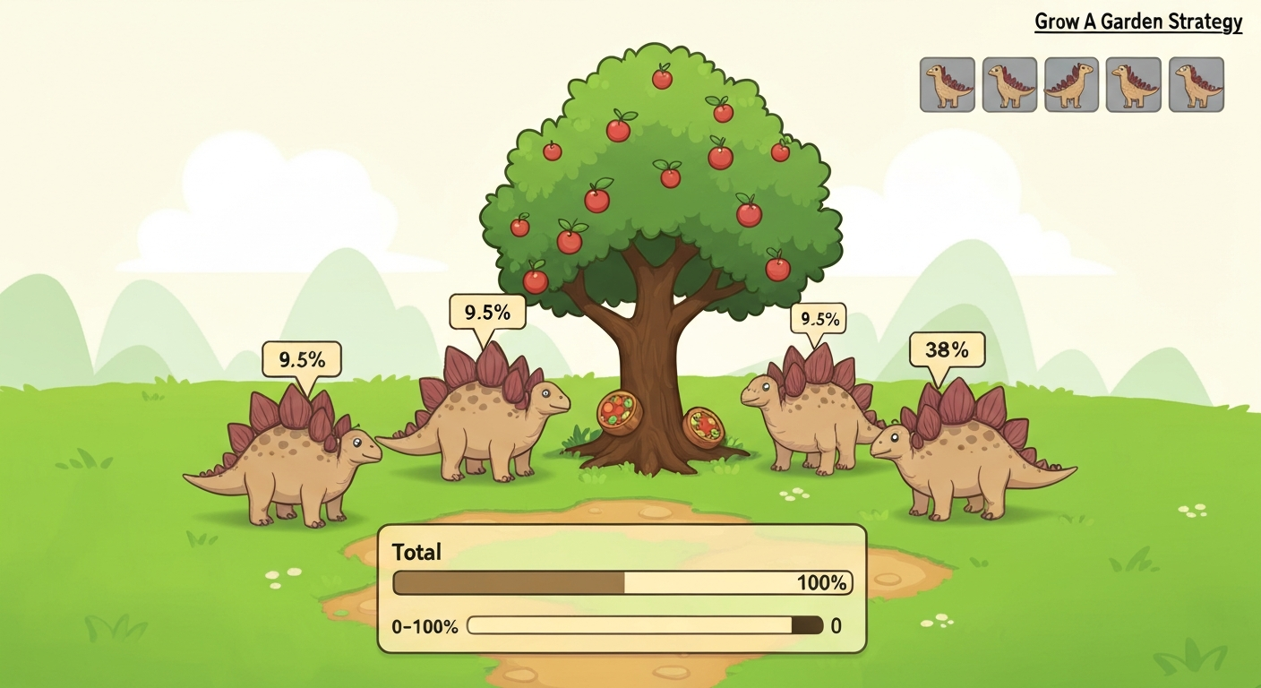 Cartoony garden scene with four Stegosaurus pets around a fruit tree, percentage badges above each and a summed 'Total' progress bar showing the additive duplication chance.