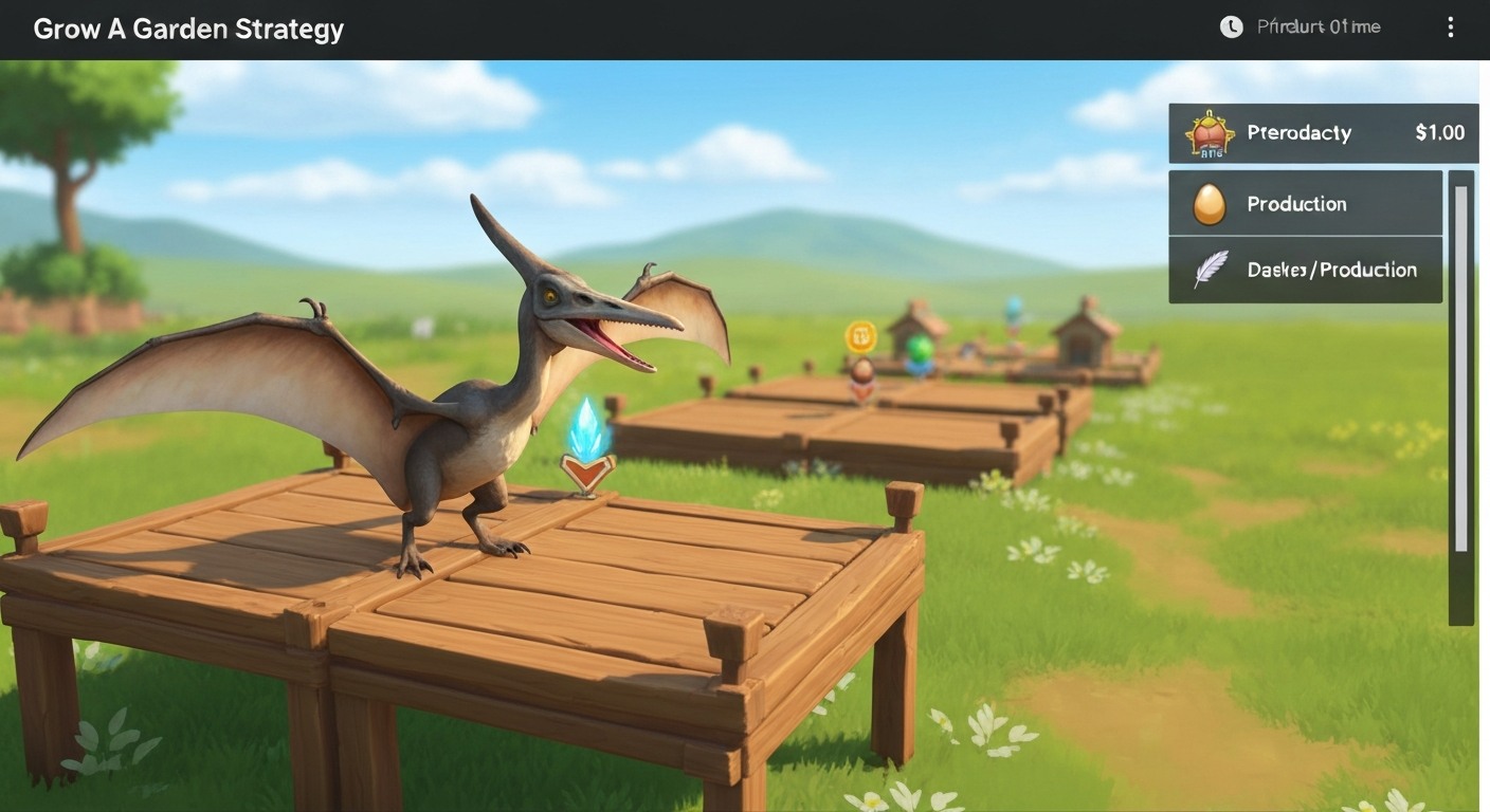 Stylized Pterodactyl perched on a farm slot with production icons and a UI overlay showing timer and egg price.