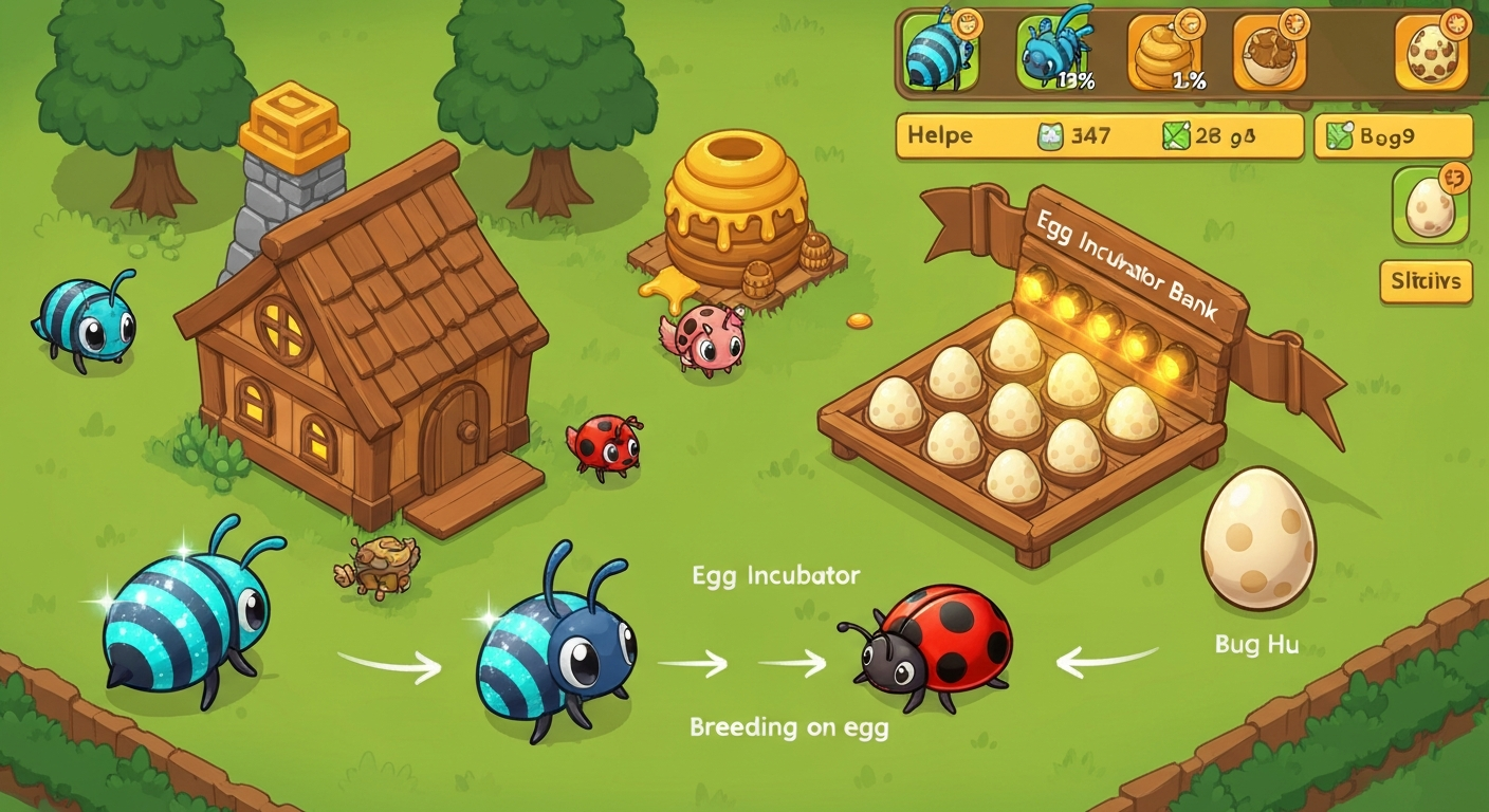 Isometric game-style farm scene showing a Bug Hut, incubators, Hive, helper pets, and bug variants (Disco Bee, Ladybug) with arrows illustrating the egg-to-breed cycle.