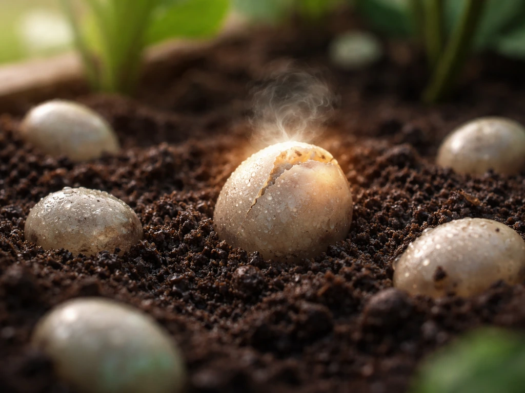 Close-up of a bug egg on a garden bed with tiny cocoon-like egg animals nearby, hinting at hatching.