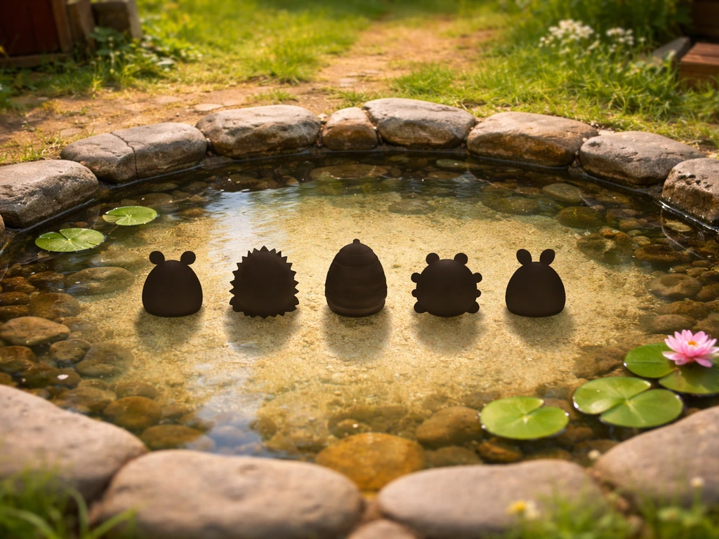 Overhead view of a farm with five small bug-egg/pet hatch-pool silhouettes in a simple row