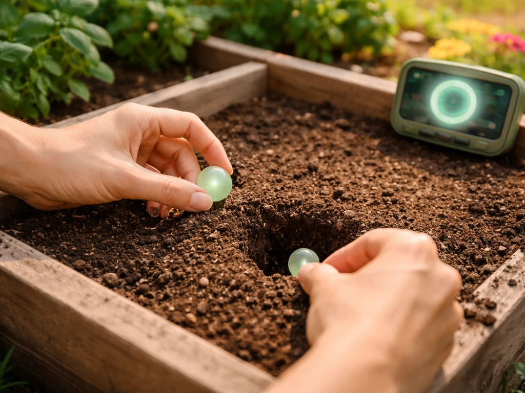 Hands place a bug egg into an open garden plot slot with a glowing hatch timer indicator.