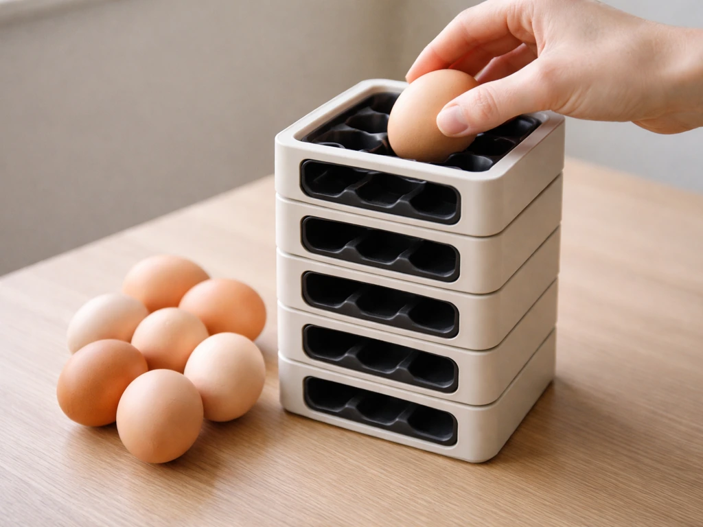 Hand placing eggs beside multiple open hatch slots on a gaming-style tray, stacked for higher hatch throughput