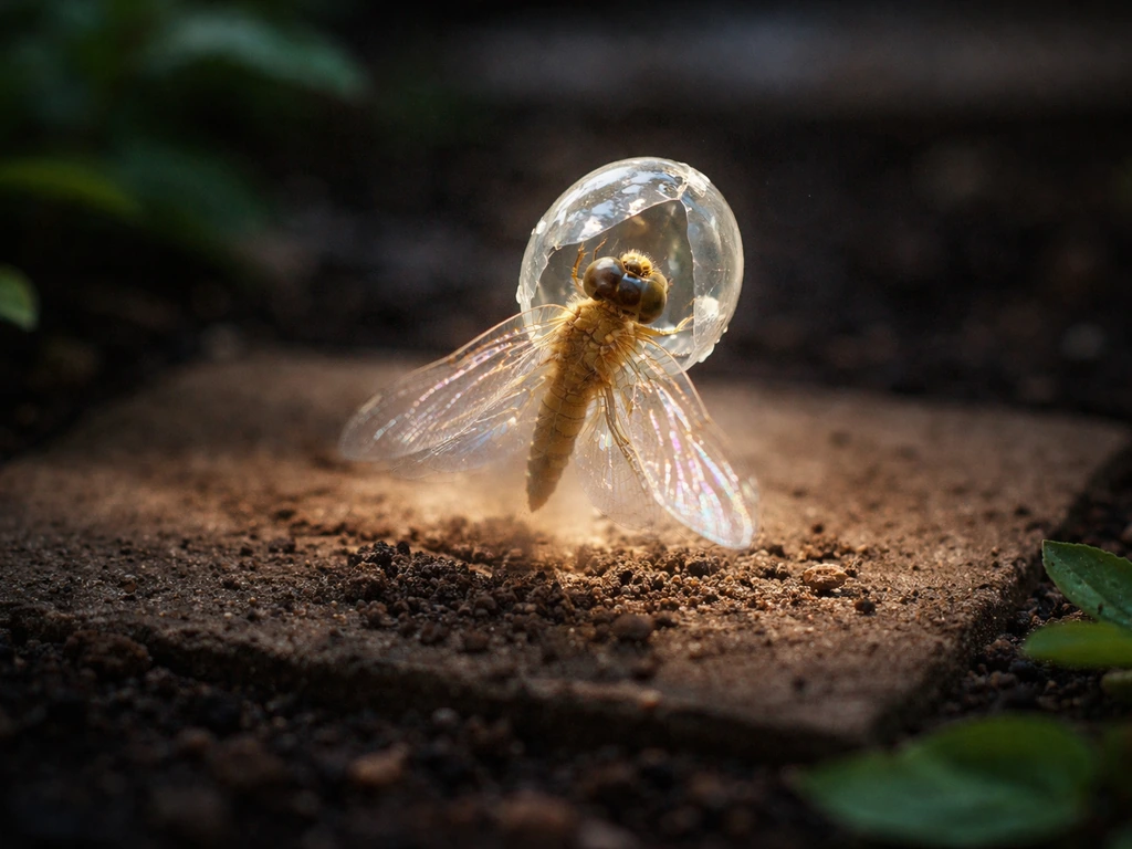 A glowing bug egg hatches into a dragonfly above a garden tile in a dramatic, minimal scene.