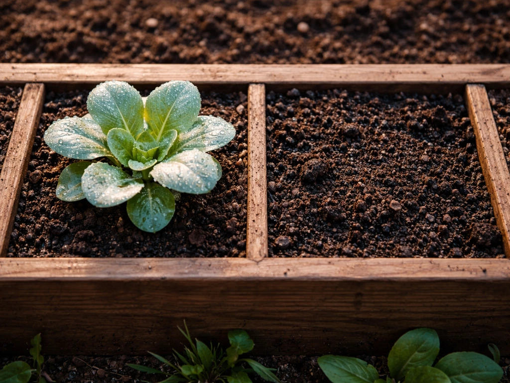 Close-up of a garden plot tile grid with a harvest-ready crop and an empty adjacent space, suggesting hatching limits