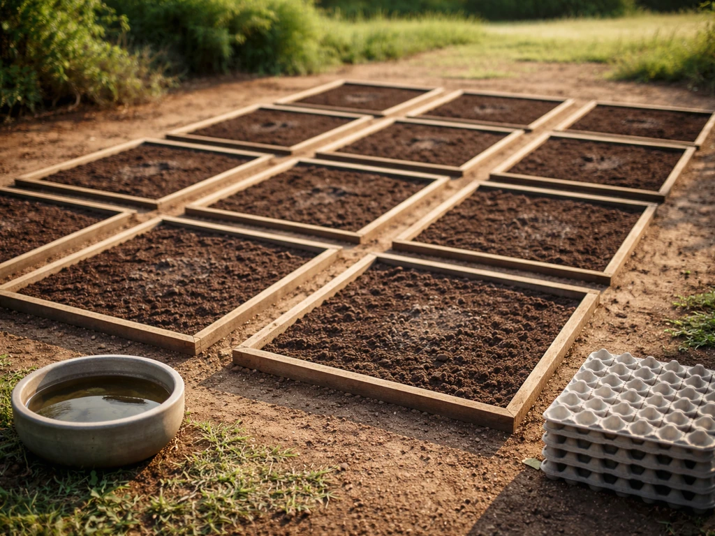 Minimal farm garden with multiple empty plot tiles in neat rows, morning light, simple water basin nearby.