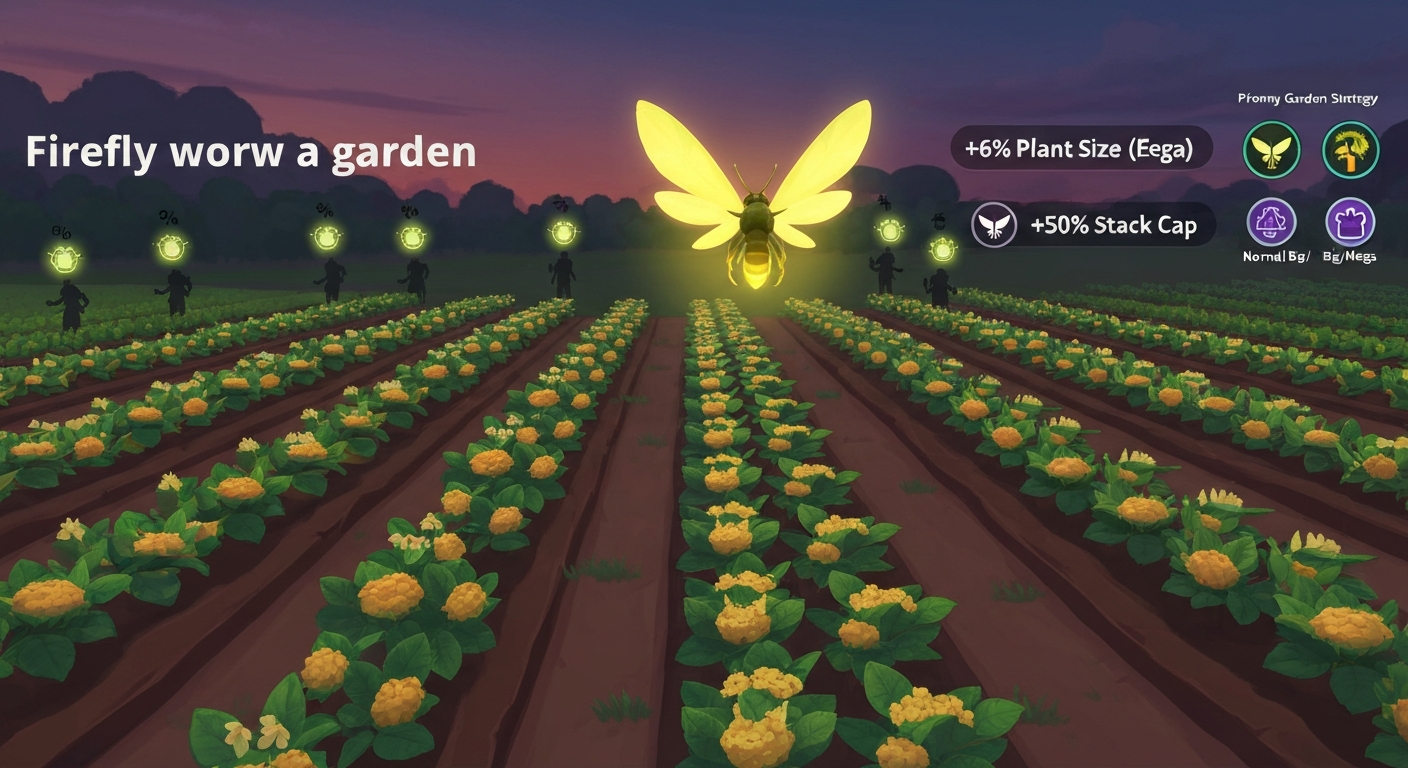 Stylized hero image of a glowing Firefly pet hovering over a farm of Star Fruit with percentage badges showing plant-size buffs and silhouettes of other players to suggest server-wide stacking.