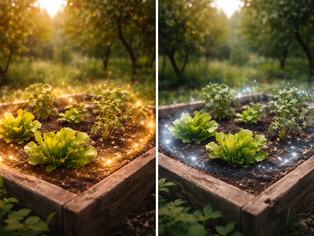 Minimal split orchard scene: warm golden “Divine” glow on one side and cooler faint “Mythical” on the other.