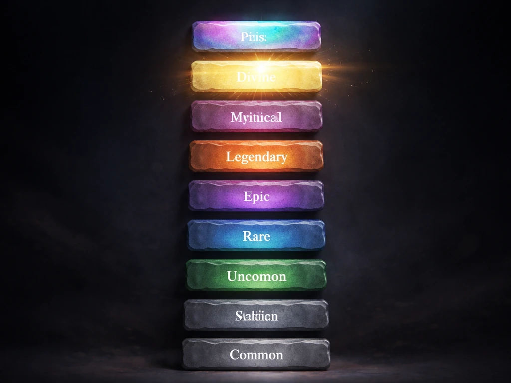 Minimal game-style tier ladder with highlighted Divine and Mythical rungs, ending at Prismatic.