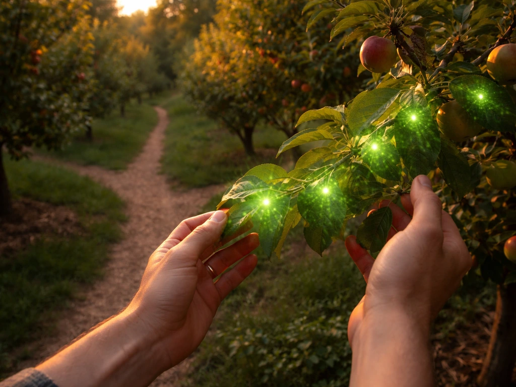 Anonymous hands inspecting an orchard where a subtle green glow spreads across the trees.