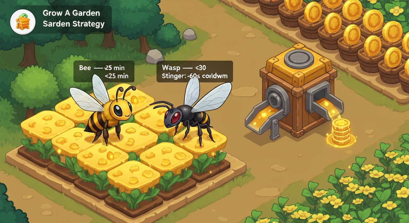 Isometric game illustration of a Bee and Wasp in a glowing Honey Garden with the Honey Compressor in the background, labeled timers and honey coins.