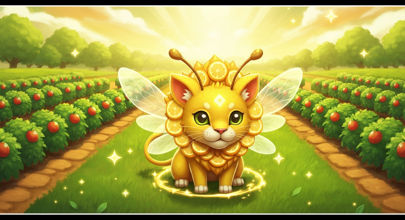 Banner illustration of the Lemon Lion Bug, a lemon-colored lion-insect pet with citrus-slice mane and translucent wings, standing on a farm surrounded by fruit crops with a glowing aura.
