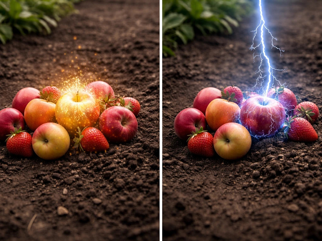 Split-screen farm scene: left fruits turning gold, right fruit struck by blue lightning glow.
