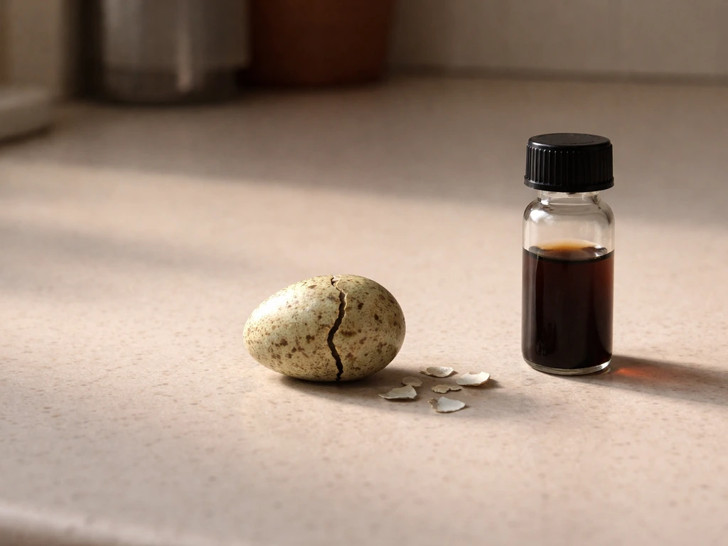 An empty tabletop with a single cracked bug egg beside a small vial, evoking rare egg availability.