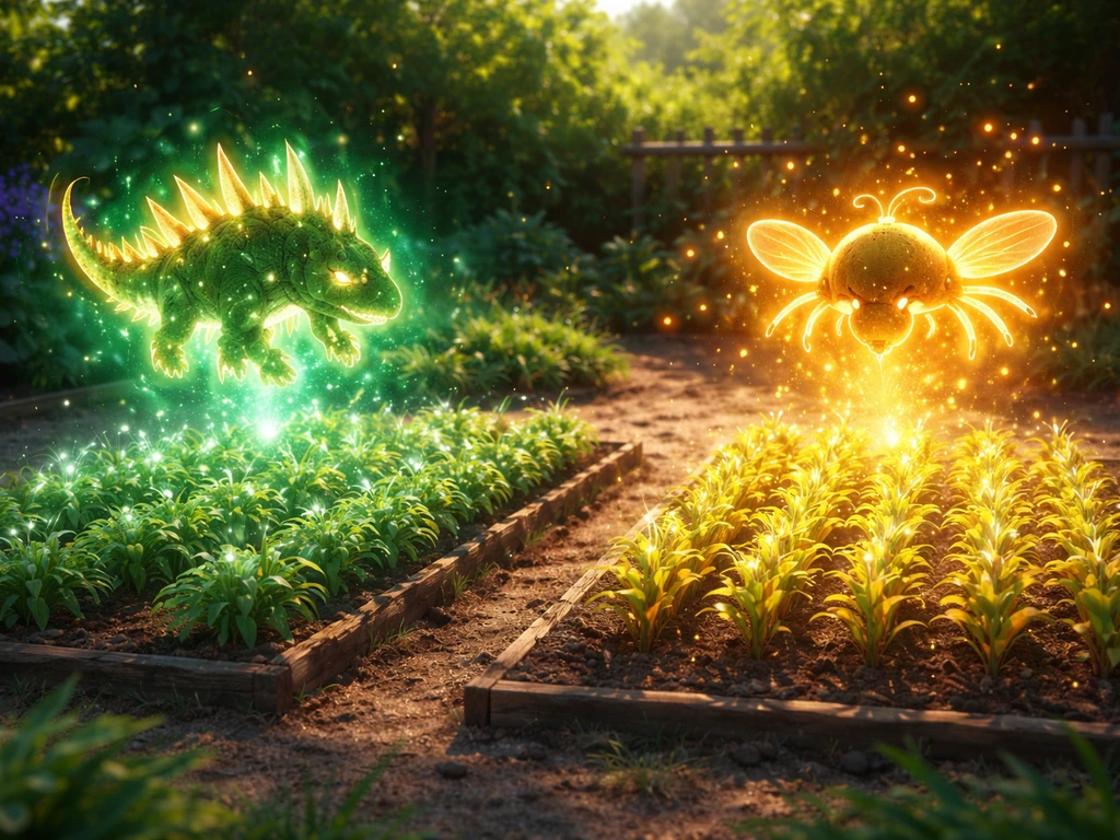 Two glowing pet silhouettes over separate crop patches, with teal mutation light on one side and gold growth on the othe