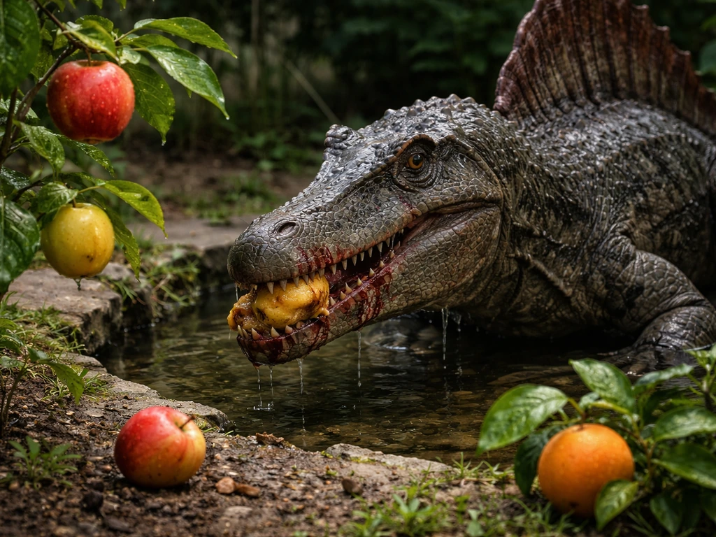Spinosaurus in a backyard-style garden where fruit is low and one fruit is being consumed, simple scene.
