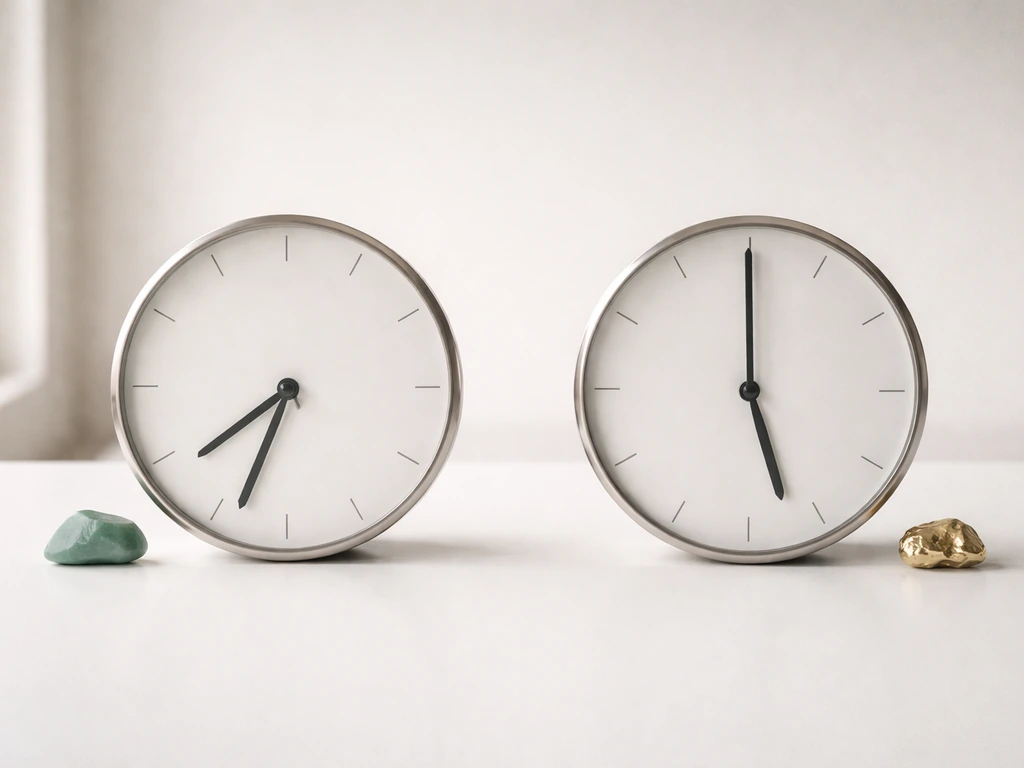Minimal photo of two analog clocks on a desk with gold and muted green objects symbolizing outputs.