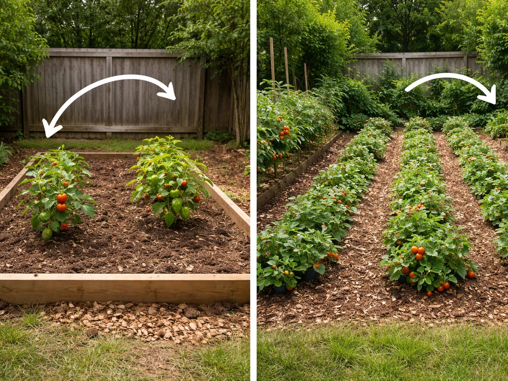 Minimal split photo of two garden layouts, with arrows pointing toward a recommended choice for small vs large gardens.