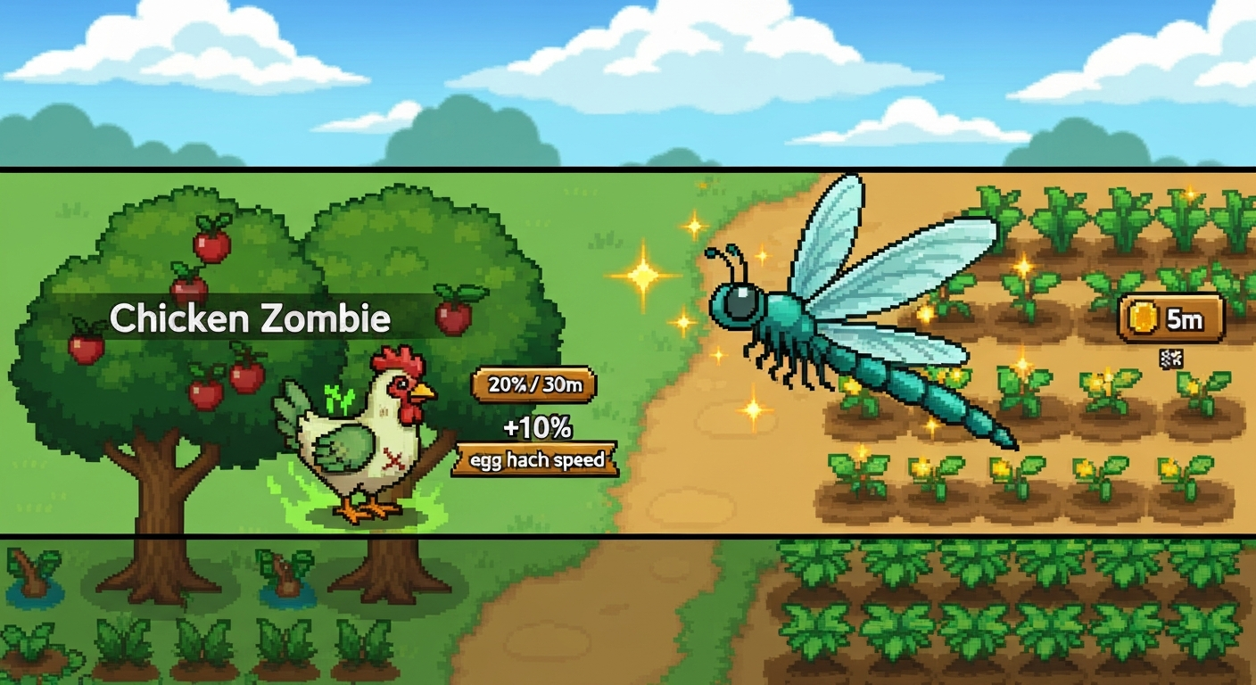 Pixel-art banner: Dragonfly converting crops to Gold (x20) on the right, Chicken Zombie with zombified fruit and +10% hatch speed on the left, set over a pixel farm background.