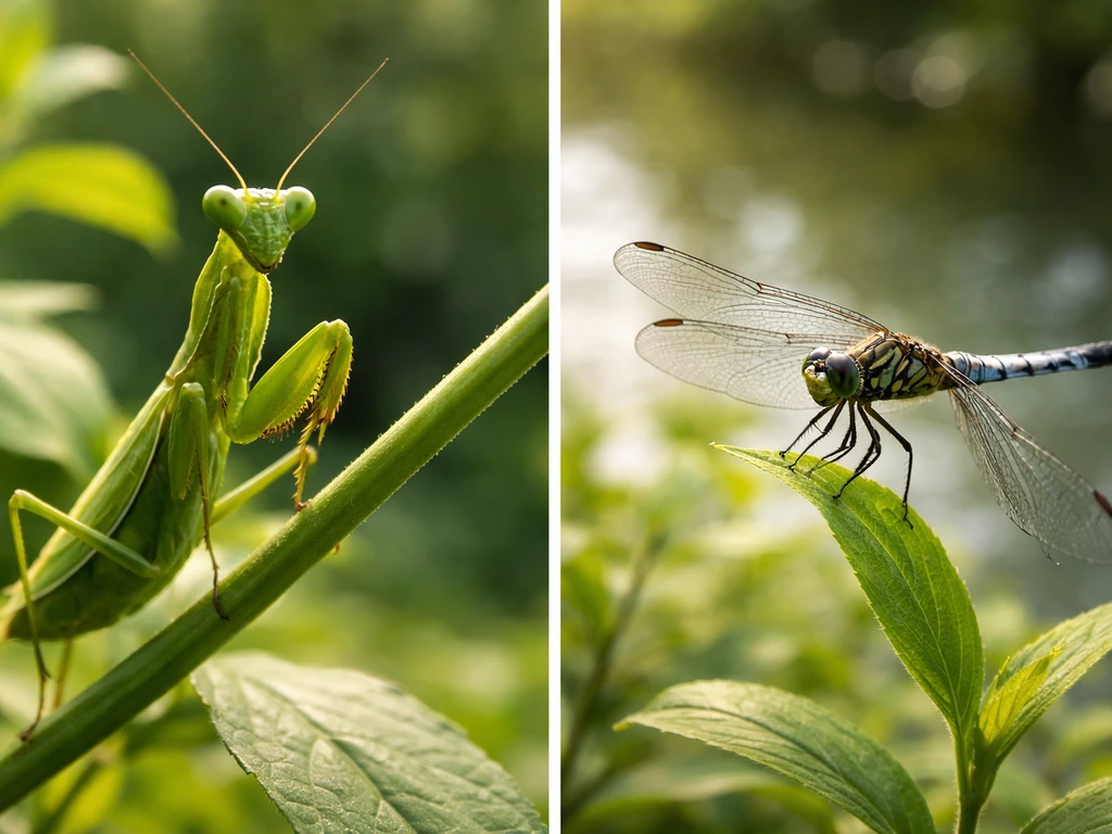 Split-screen view of a praying mantis and a dragonfly on garden plants, highlighting their differences.