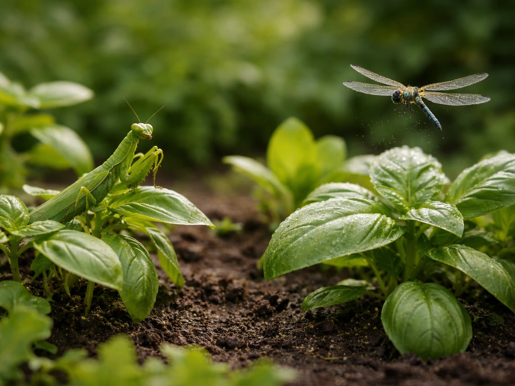 Green garden plants with two close-in insect-focused moments: a praying mantis stance and a nearby dragonfly hovering.