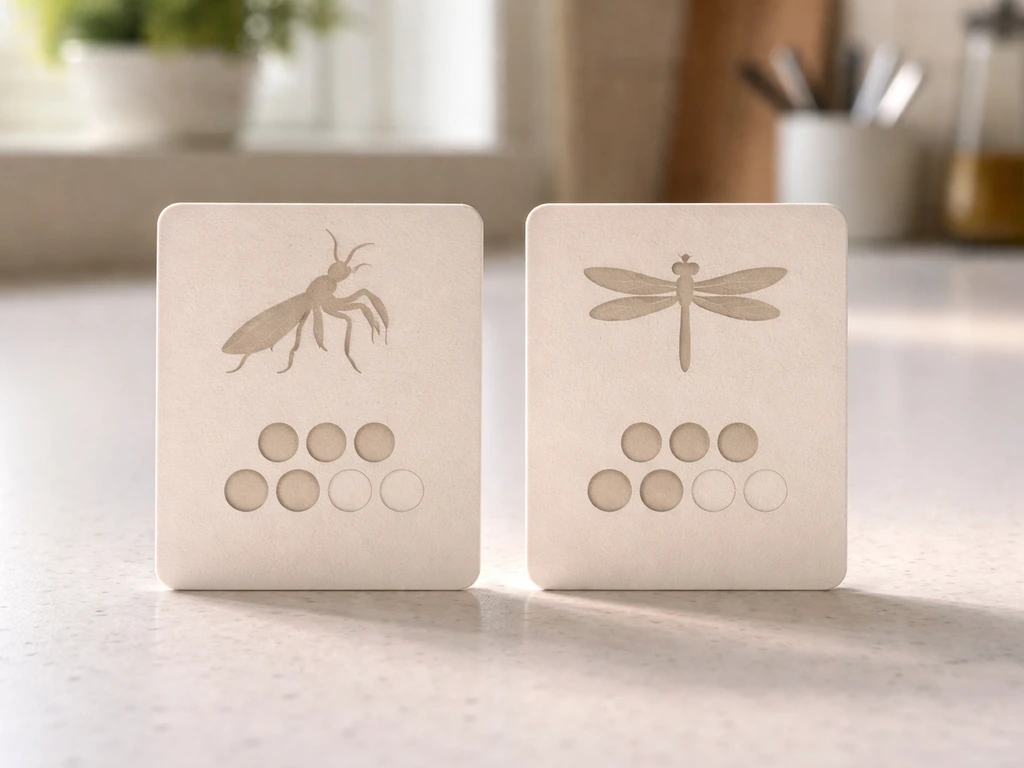 Two minimal side-by-side feeding-cost cards with mantis and dragonfly silhouettes on a countertop.