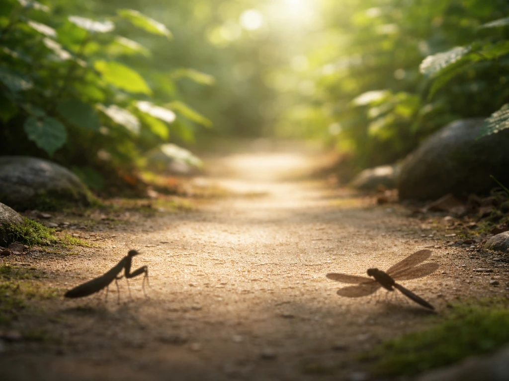 Minimal garden scene with two simple silhouette icons representing mantis and dragonfly for a decision framework