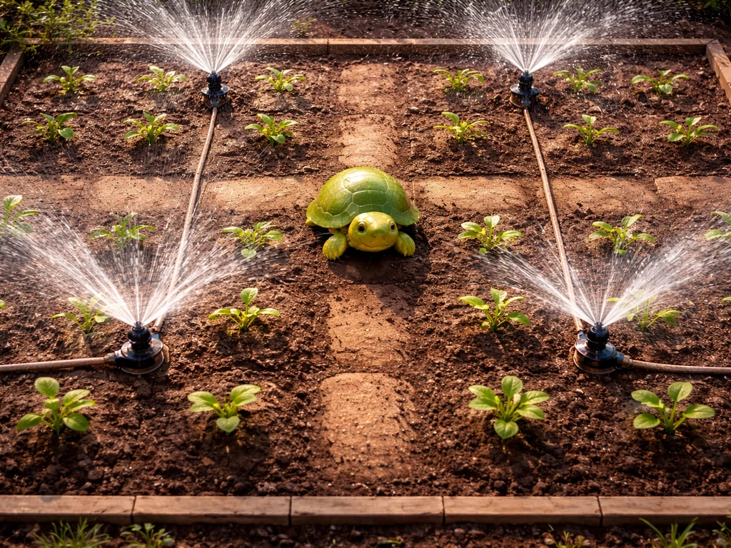 Top-down view of a turtle-method garden setup with a turtle pet and sprinklers running over neatly spaced crops.