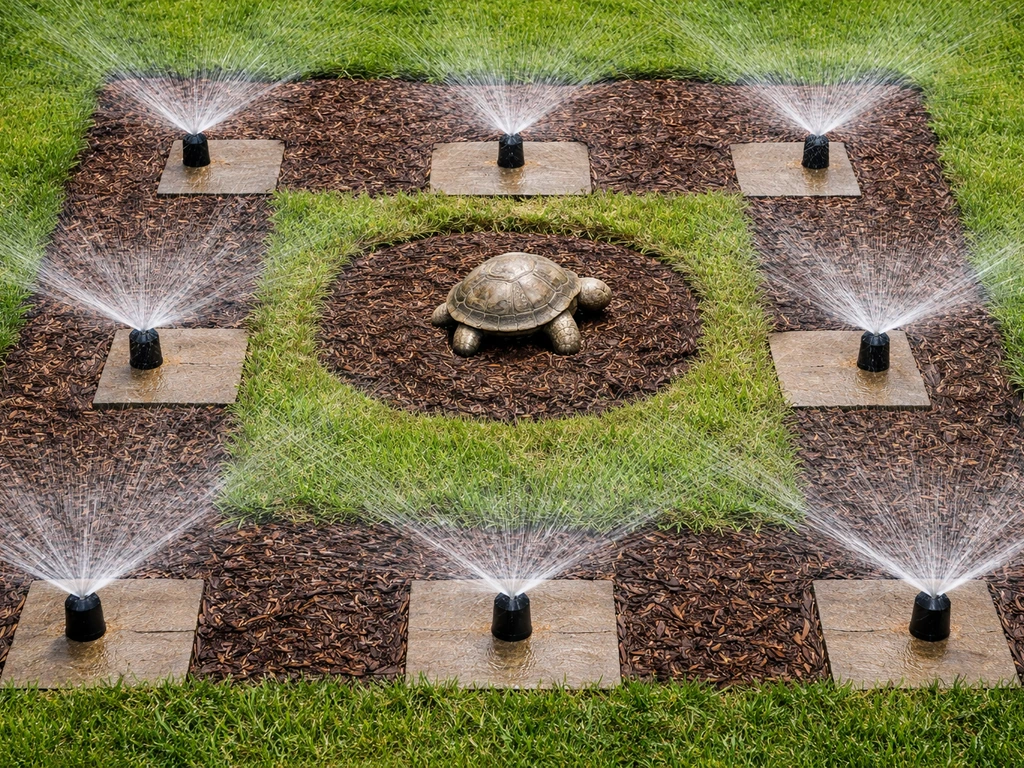 Overhead view of a backyard garden with sprinkler tiles and a turtle pet placement area on soil.