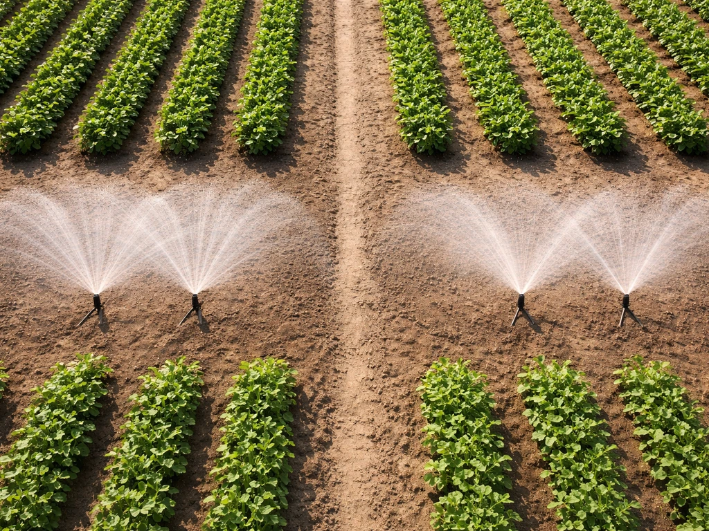 Minimal top-down view comparing tight sprinkler spacing and aligned crop rows in a field