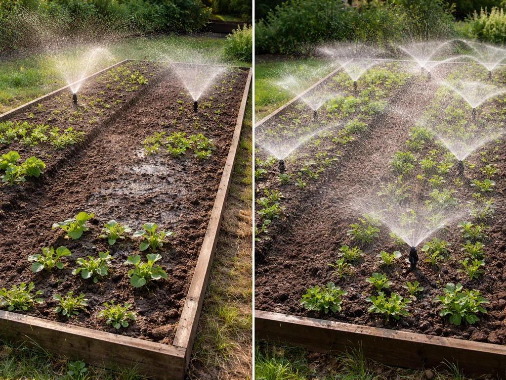Two widely spaced sprinklers leave dry gaps between plots, while an adjacent area has many sprinklers covering fully.