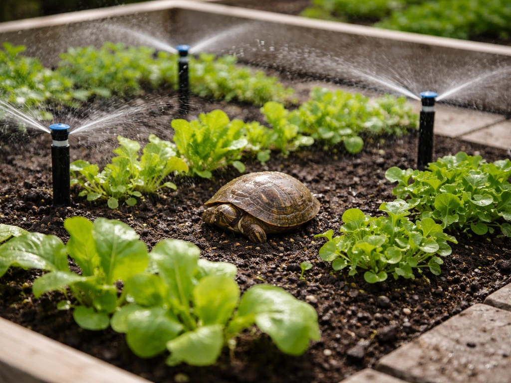 Small turtle in active garden bed while sprinkler heads are spaced evenly and crops sit within reach.
