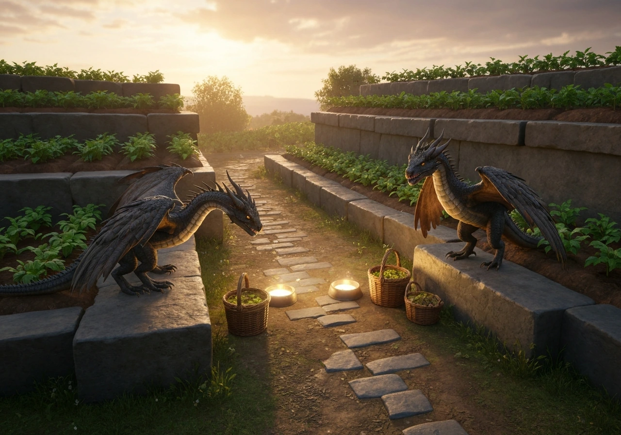 Two colorful dragons perched beside tiered crop fields with glowing food items in a dramatic farm scene.