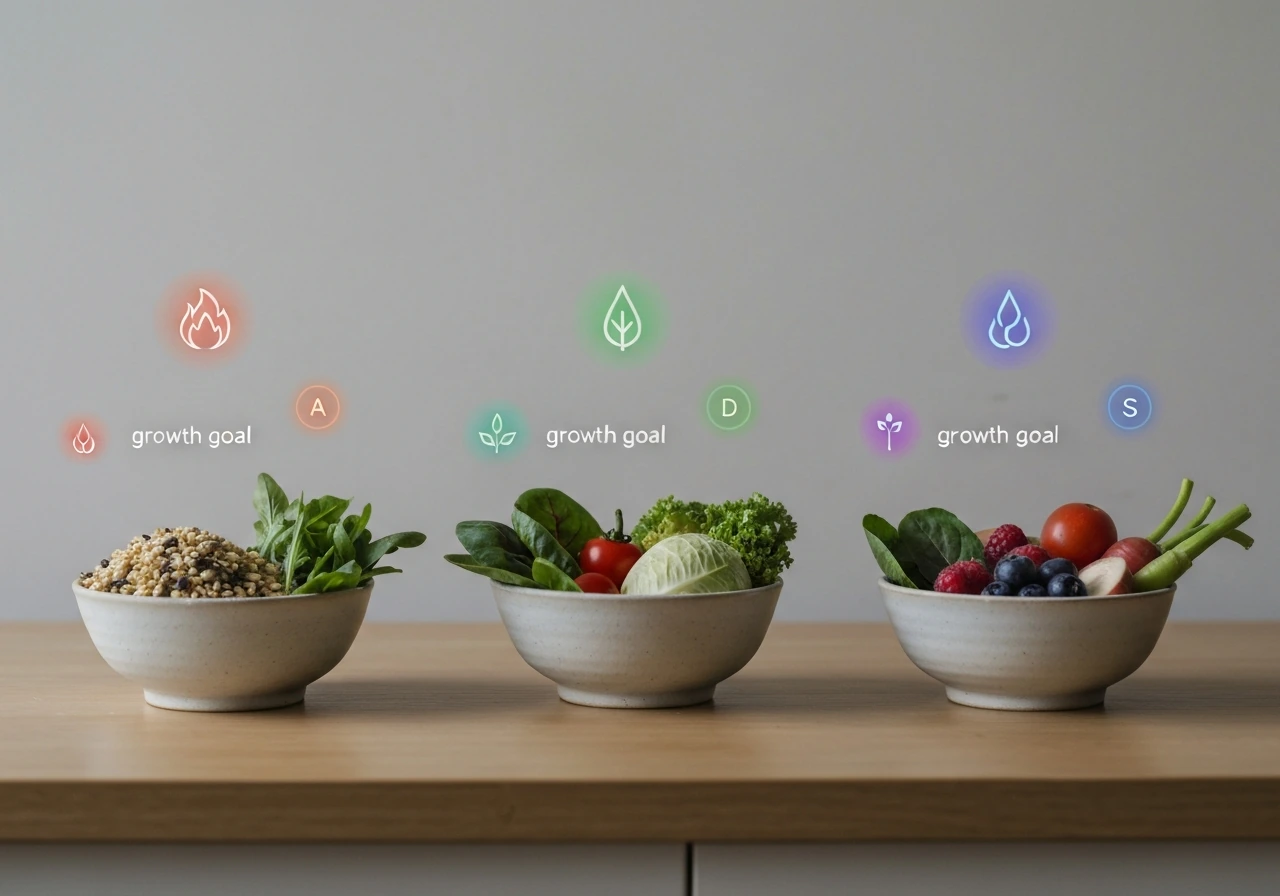 Minimal photo showing three bowls of different crop foods representing low, mid, and high rarity tiers.