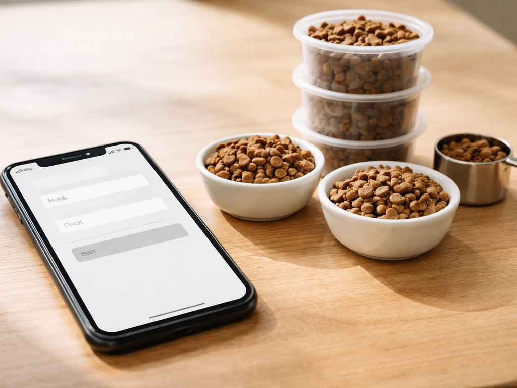 Close-up of a phone showing a food-calculator mock beside stacked food portions for feeding planning.