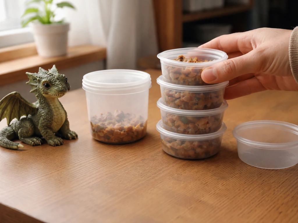 Tabletop scene with a small dragon figurine and four food portions completed on a wooden desk.