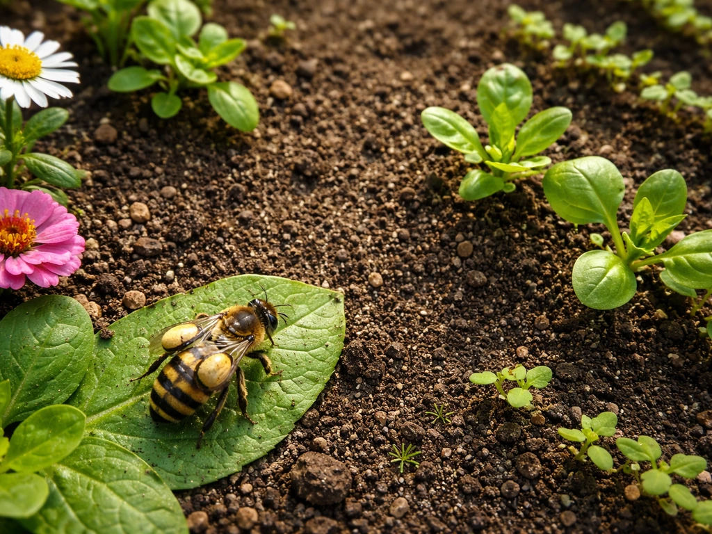 Top-down view of a single pack bee hovering near a lush garden plot with soil and small plants