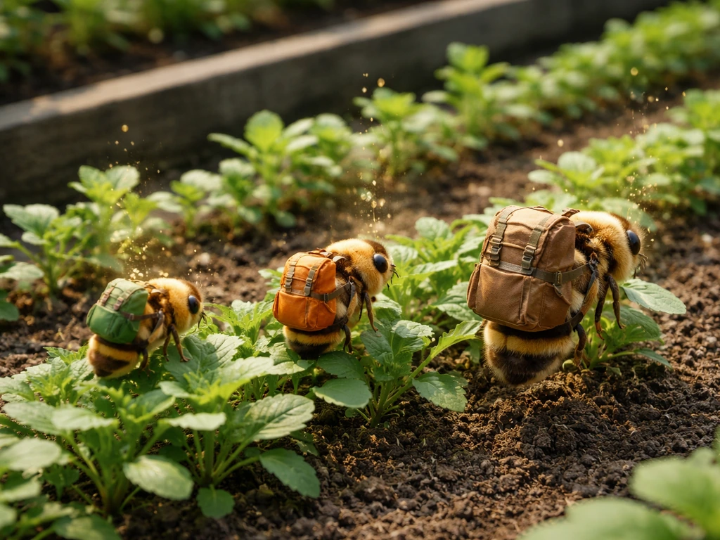 Three Pack Bees in a small garden, showing multiple bees with timer-like pollen ticks and only backpack size changing.