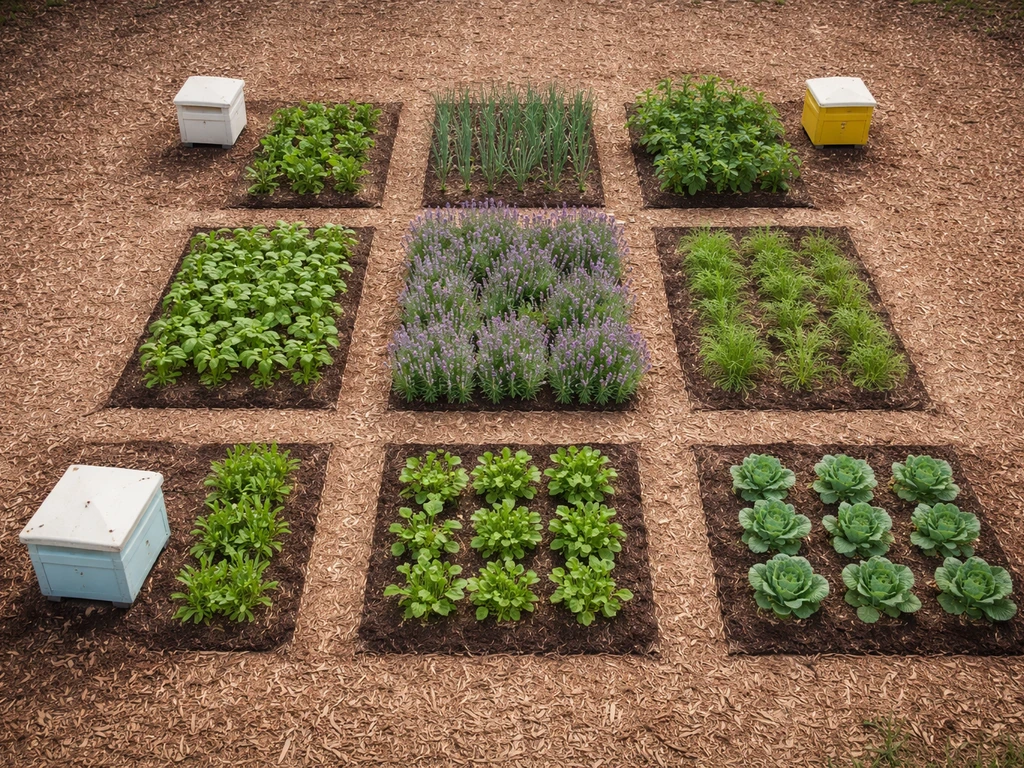 Top-down view of a small 3x3 garden plot with beehive boxes near the richest crop area.