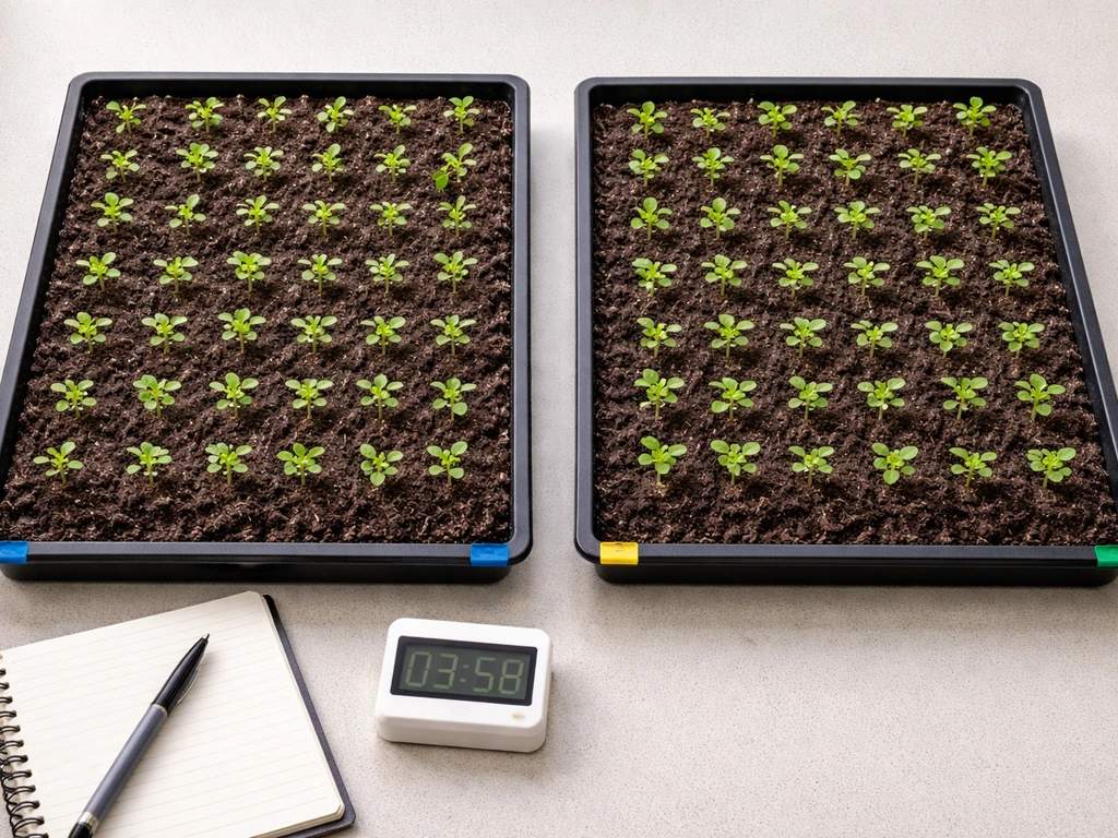 Top-down view of two identical crop plots with a small notebook and timer to compare growth.